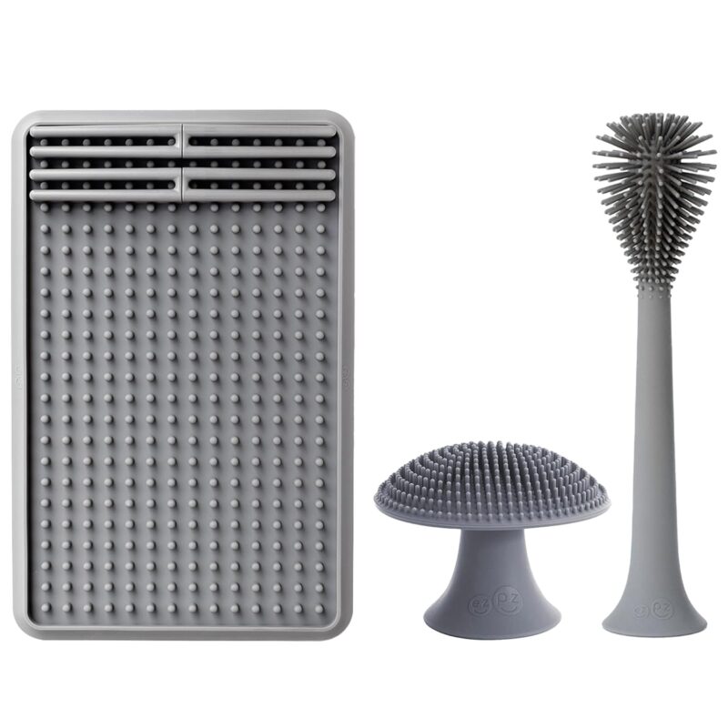 718Z24y9m8L._SL1500_.jpg ezpz Kitchen Trio Set (Gray) - 100% Silicone + Suctions in Place Drying Rack + Adjustable Pegs +Bottle Brush +Mushroom Sponge with Suction Base- Dishwasher Safe- Durable- Long-Lasting