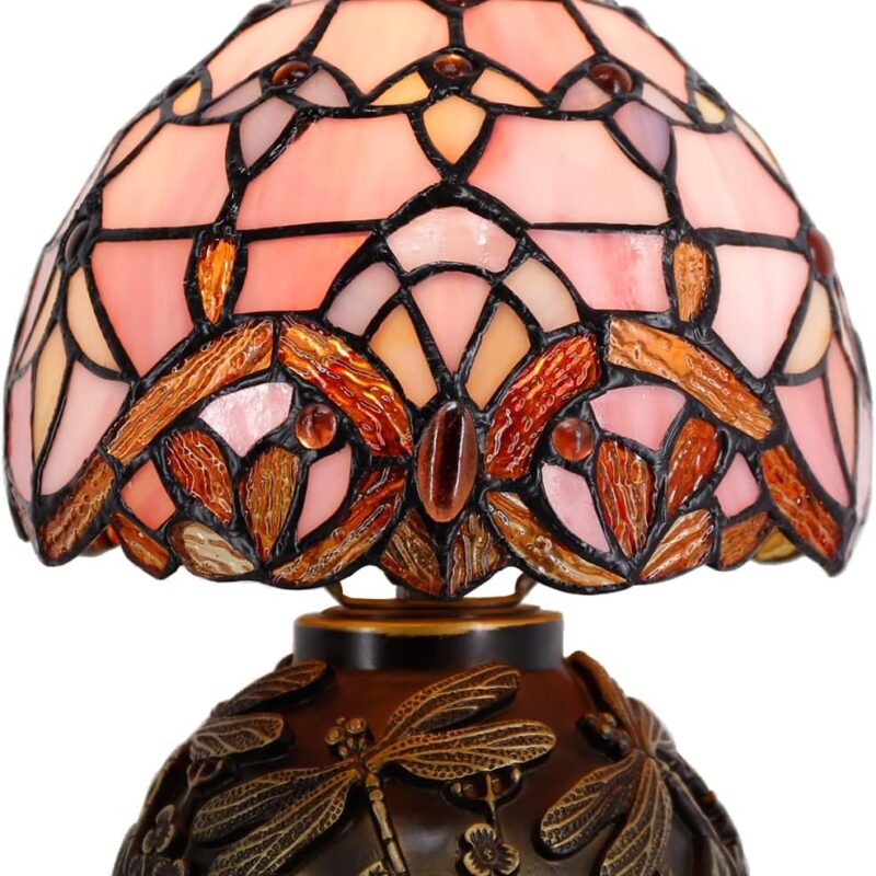 WERFACTORY Small Tiffany Lamp Desk Pink Stained Glass Baroque Mushroom Table Lamp Bronze Mini Accent Lamp W8H11 Inch S003P Series