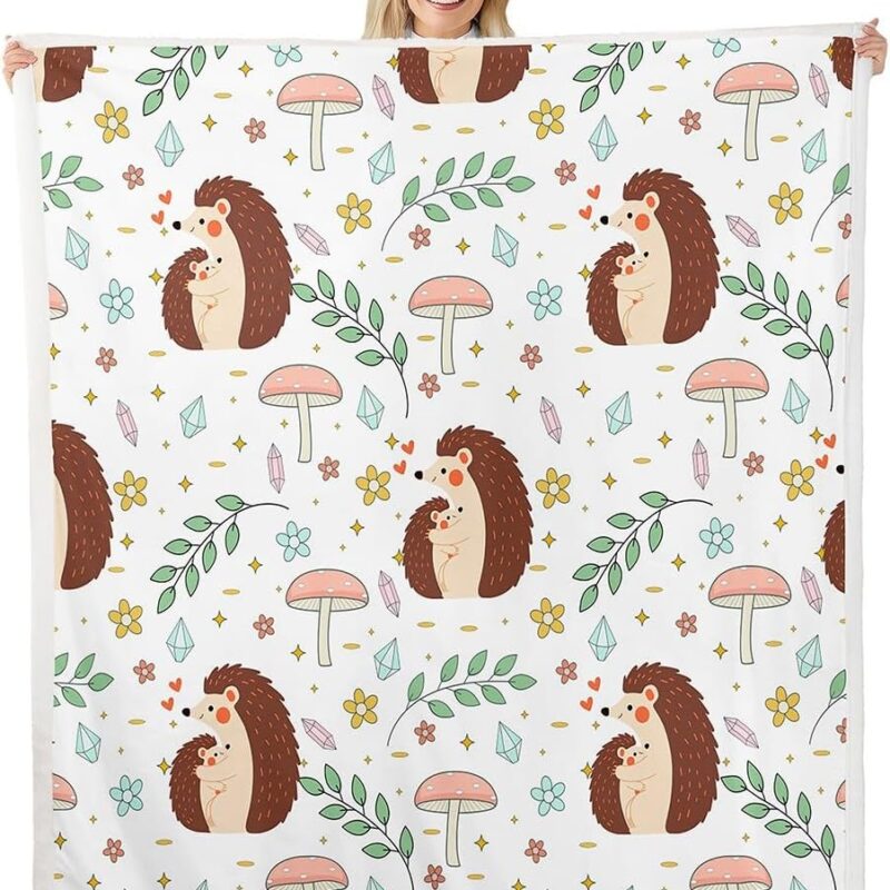 Erosebridal Queen 90"X90" Hedgehog Kids Fleece Blanket Cute Cartoon Wildlife Sherpa Blanket Woodland Animal Botanical Throw Bed Blanket Mushroom Leaves Flowers Flannel Blanket for Boys Girls