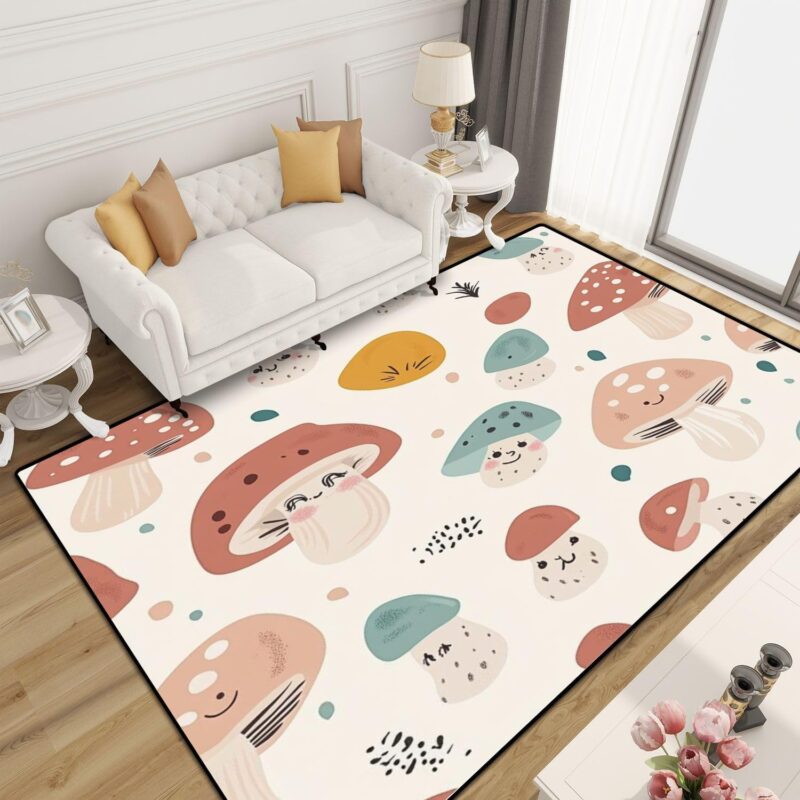 Washable Area Rug 6x9 Rug Non-Slip Hand Drawn Seamless Pattern Cute Kawaii Mushrooms Cute Drawing Doodle Non-Shedding Rugs Indoor Outdoor Carpet for Living Room Bedroom Nursery Large Rug Home Decor
