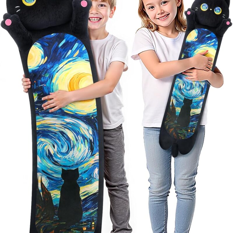 Long Cat Plush 5 Sizes, 120% Extra Filling Giant Plushness Kids Body Pillow, Kawaii Cute Black Starry Cat Stuffed Animals Plushies, Big Long Body Pillow Cat Plush Gift for Girls 44”