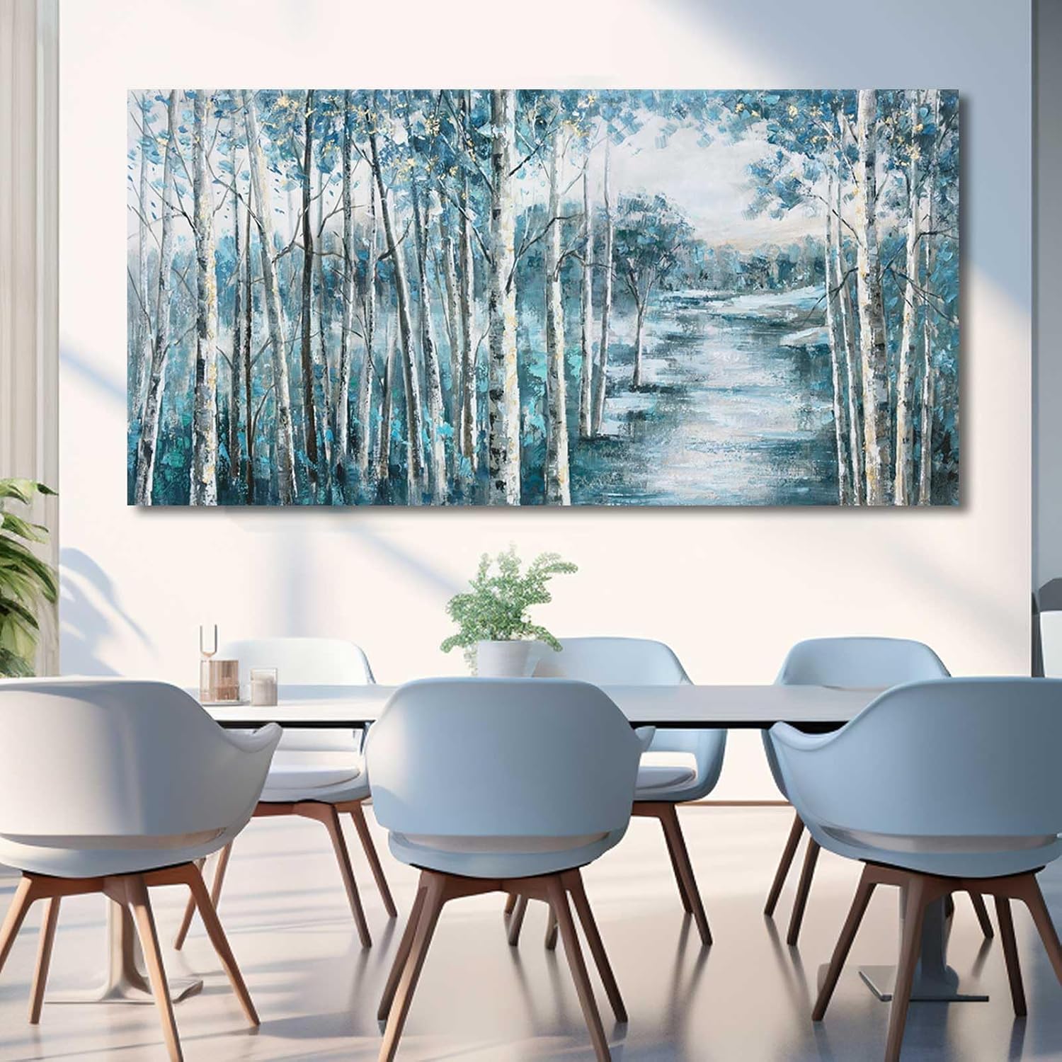 71AJMbRdOvL._AC_SL1500_.jpg Navy Blue Wall Art forest Wall Decor Large Paintings for Living Room White Tree Pictures for Wall Large Photos for Hotel 29"x58" - Image 6