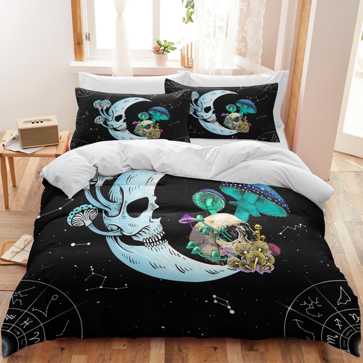 71AnWB0f4zL._AC_SL1200_.jpg Sleepwish Mushroom Moon and Skull Queen Bedding Blue and Black Space Mushroom Comforter Cover for Kids Boys 3 Piece Trippy Mushroom Duvet Cover Sets (Queen) - Image 2