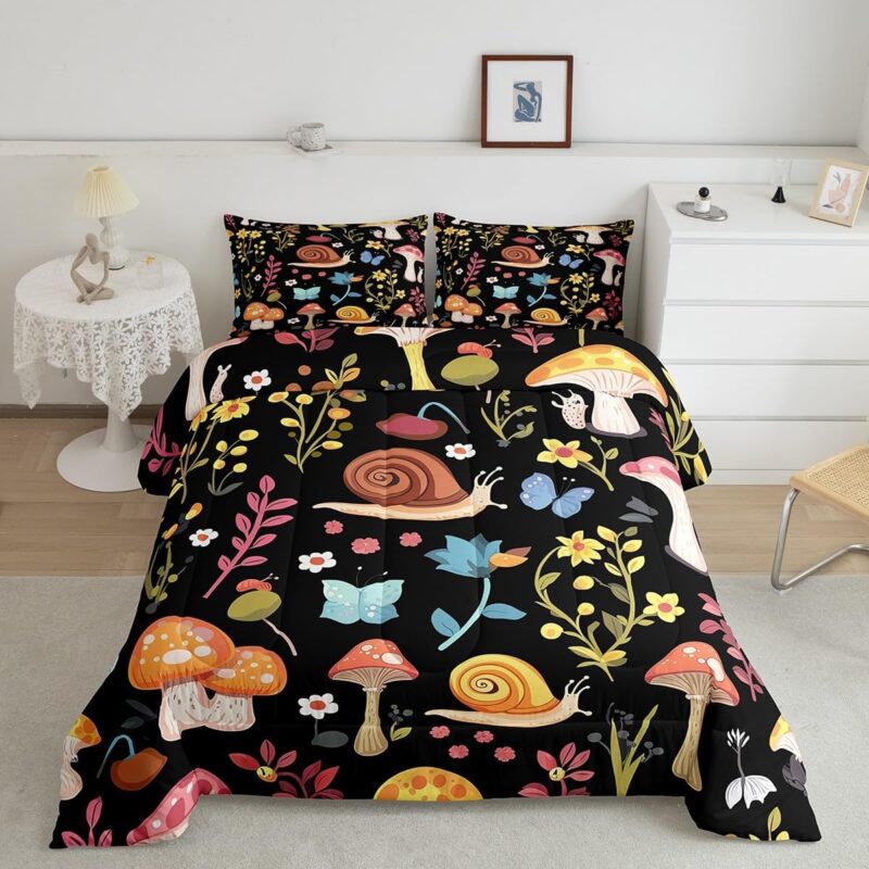 Manfei Botanical Comforter Set Full Size Mushroom and Snail Print Quilt Set Leaf Flower Print Bedding Comforters 3pcs for Kids Boys Girls Room Decor, Soft Lightweight Duvet Insert with 2 Pillowcases