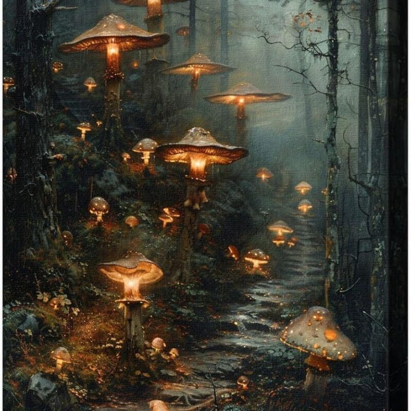 Retro Dark-Art Canvas Print Picture For Home Living Bedroom Office Decor-Wall Art Framed Enchanted Mushroom Woodland Poster For Dark Aesthetics Lover Decor-Dark Fantasy