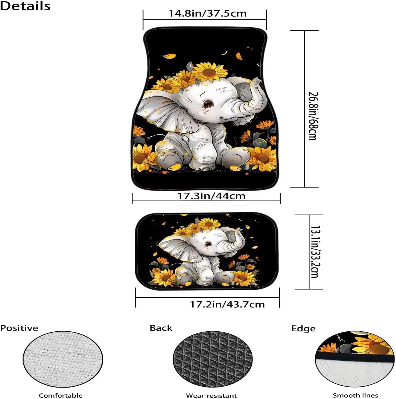 71CSb8cLLuL._AC_SL1500_.jpg ZFRXIGN Car Floor Mat Sunflower Baby Elephant Universal Car Front Rear Floor Foot Mats with Non-Slip Rubber Backing Heel Pads for Women Girls Car Mat Carpet Sturdy - Image 7