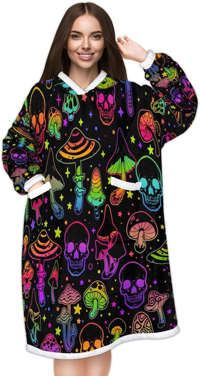 71CVHb4ln2L._AC_SL1200_.jpg Wearable Blanket Hoodie Funny Skull Mushroom, Oversized Hooded Blanket, Gift for Mom Women Wife Girlfriend Men Adults Teens, Warm Cozy Sweatshirt Blanket with Pocket