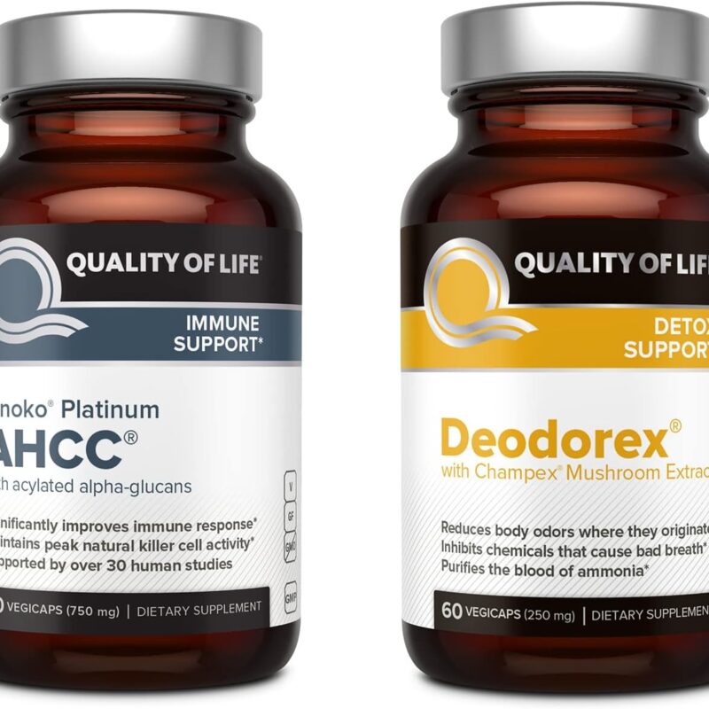 Quality of Life All Natural Immune Support and Detox Bundle - Kinoko Platinum AHCC Mushroom Extract - Deodorex Detox Support Supplement