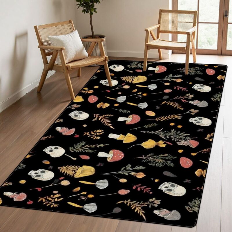 Washable Rug Area Rugs for Living Room 5x8 Pattern Dark Horror Human Skull Mushroom Mystical Mouth Seamless Print Non-Slip Carpets for Dining Room Soft Rubber Backed Large Area Rug for Bedroom Office