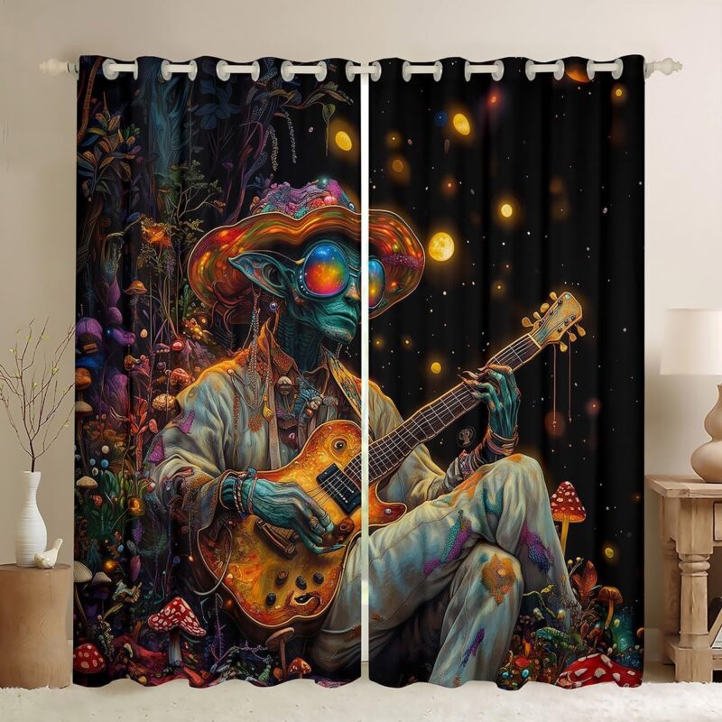 Alien Curtains Blackout 30%-50%,Music Theme Window Drapes,Trippy Mushrooms Window Treatment Grommet Top 2 Panels Decor,52Wx96L