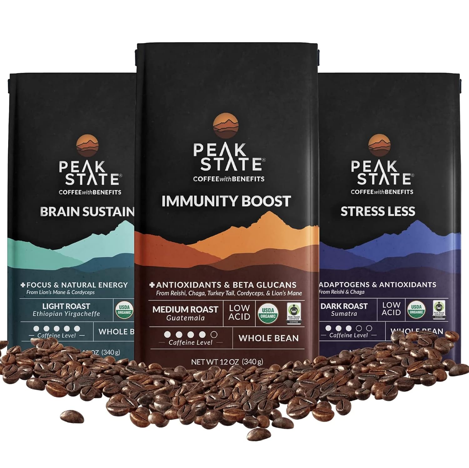 71DbTVXJvL._SL1500_.jpg Peak State Coffee with Benefits, 3 Bag Variety Pack – Mushroom Coffee, Low Acid & Smooth, Immunity Boost, Brain Sustain & Stress Less, Organic Whole Bean Coffee, Gluten Free, 12 oz. Each