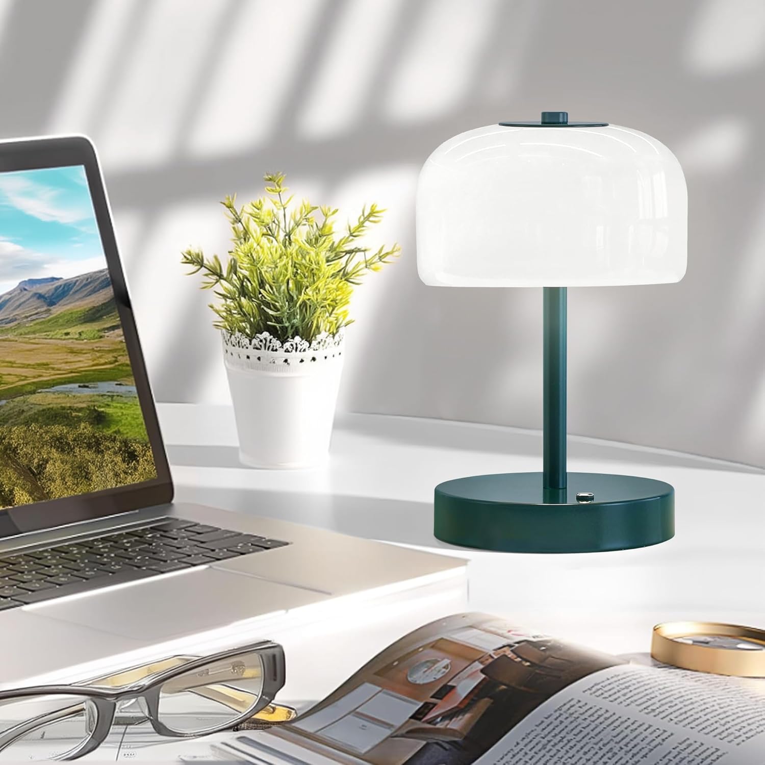71DpM4LMHL._AC_SL1500_.jpg Oneach Portable Cordless Table Lamp, Rechargeable Battery Powered Lamp with Opal Glass Shade, 3-Way Dimmable LED Touch Mushroom Table Lamp for Bedroom, Bedside, Living Room, Dining Room, Patio, Blue - Image 2