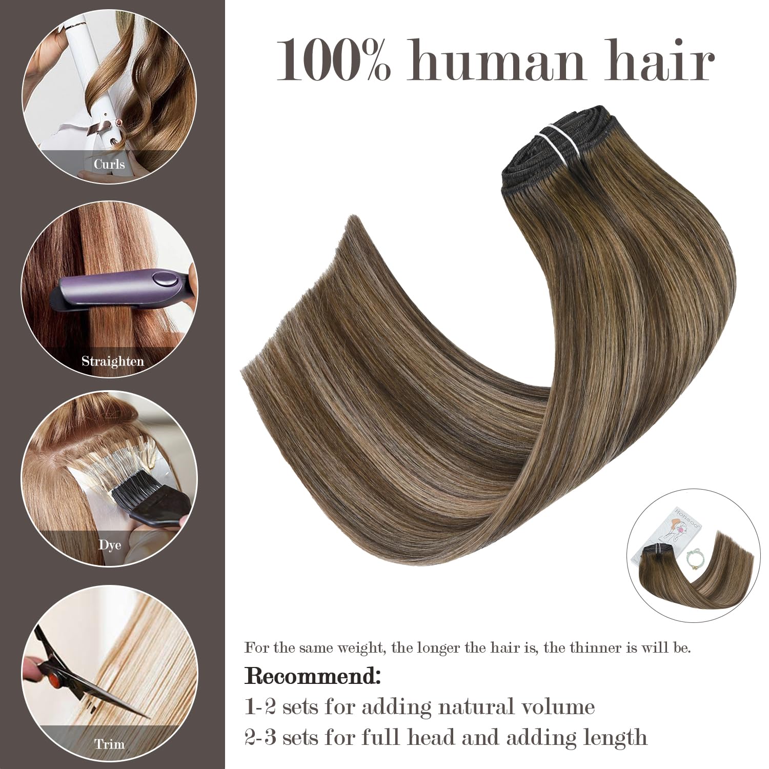 71E7NLbP6L._SL1500_.jpg Honsoo Hair Extensions Human Hair Clip Ins 16in 120g 7pcs Mushroom Brown Natural & Soft Remy Human Hair Silky Straight Hair Extensions - Image 2