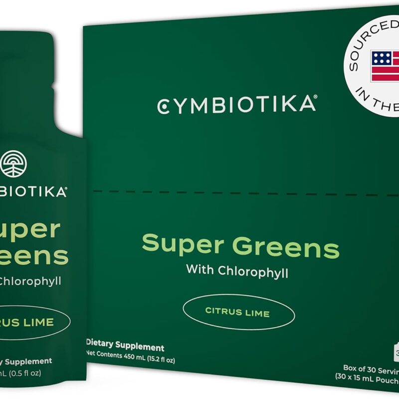 CYMBIOTIKA Super Greens Supplement with Chlorophyll, Spirulina, Daily Vegan Superfood Packets for Digestive Gut Health, Detox, Energy and Immune Support, Citrus Lime Flavor, 15 mL Pouches, 30 Pack