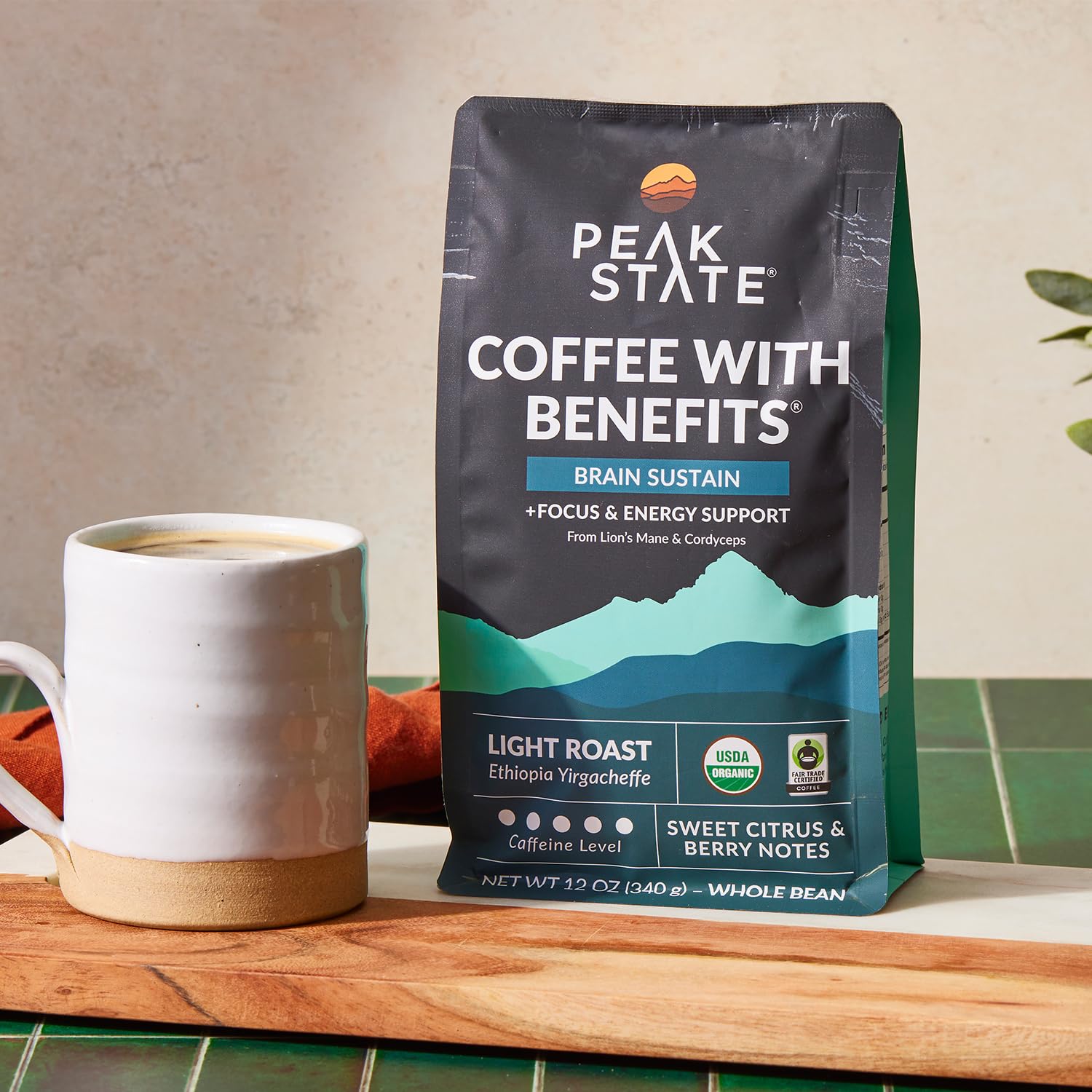 71EhiEg8g8L._SL1500_.jpg Peak State Coffee with Benefits, 3 Bag Variety Pack – Mushroom Coffee, Low Acid & Smooth, Immunity Boost, Brain Sustain & Stress Less, Organic Whole Bean Coffee, Gluten Free, 12 oz. Each - Image 5