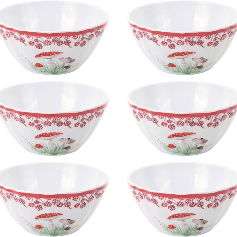 UPware Mushroom Melamine Bowl Set, Round Bowls for Pasta, Rice, Soup, and Salad, BPA-Free, Dishwasher Safe, Shatter-Proof, Red, 6.5 Inch, Set of 6