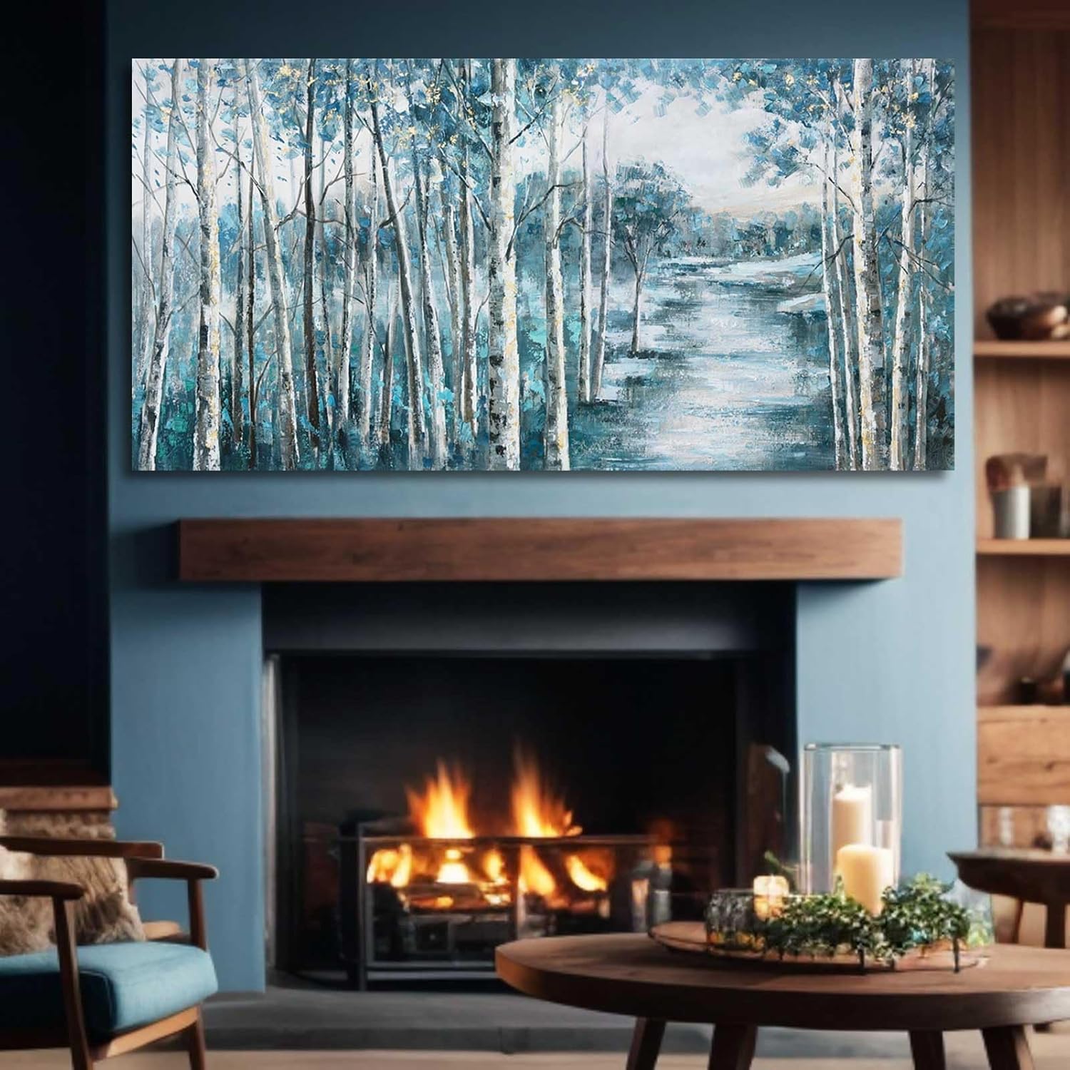 71Evo1FoK7L._AC_SL1500_.jpg Navy Blue Wall Art forest Wall Decor Large Paintings for Living Room White Tree Pictures for Wall Large Photos for Hotel 29"x58" - Image 7