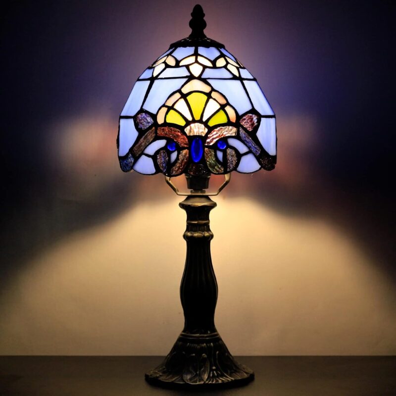 Small Tiffany Lamp Mini Accent Table Lamp Blue Purple Baroque Style Stained Glass Desk Memory Lamp Sympathy 6X14.6 Inch