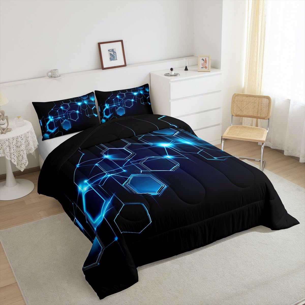71FKUUElwEL._AC_SL1200_.jpg Feelyou Blue Honeycomb Comforter Set Full Size for Boys, Glitter Goemetric Honeycomb Hexagon Comforter Set Microfiber Lightweight - Image 5
