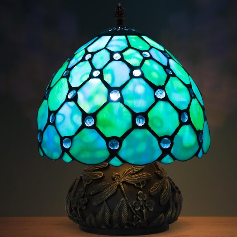 Small Tiffany Stained Glass Lamp, 3 Color Temperatures Bedside Lamp, 8 Inch Blue Pearl Beads Style Mushroom Desk Light for Bedroom Living Room Office Home Decor (Blue)