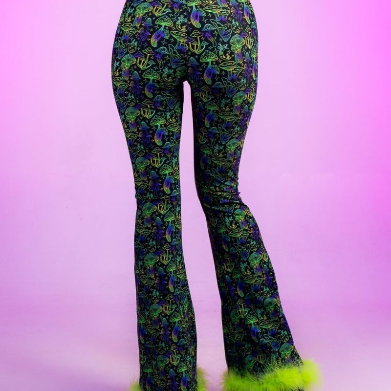 Sonic Shroom Blacklight Reactive Flare Pants for Women, Rave Wear Pants