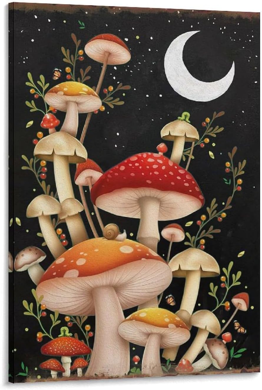71HkfE263NL._AC_SL1500_.jpg XLWQDSFSpruce Up Home with Retro Mushroom Poster. Ideal for Bedroom, Kitchen, Cute Mushroom Wall Art Poster,for Any Room.Canvas Paintings Are Adaptable to Various Occasions. 24x36inch(60x90cm) Frame-