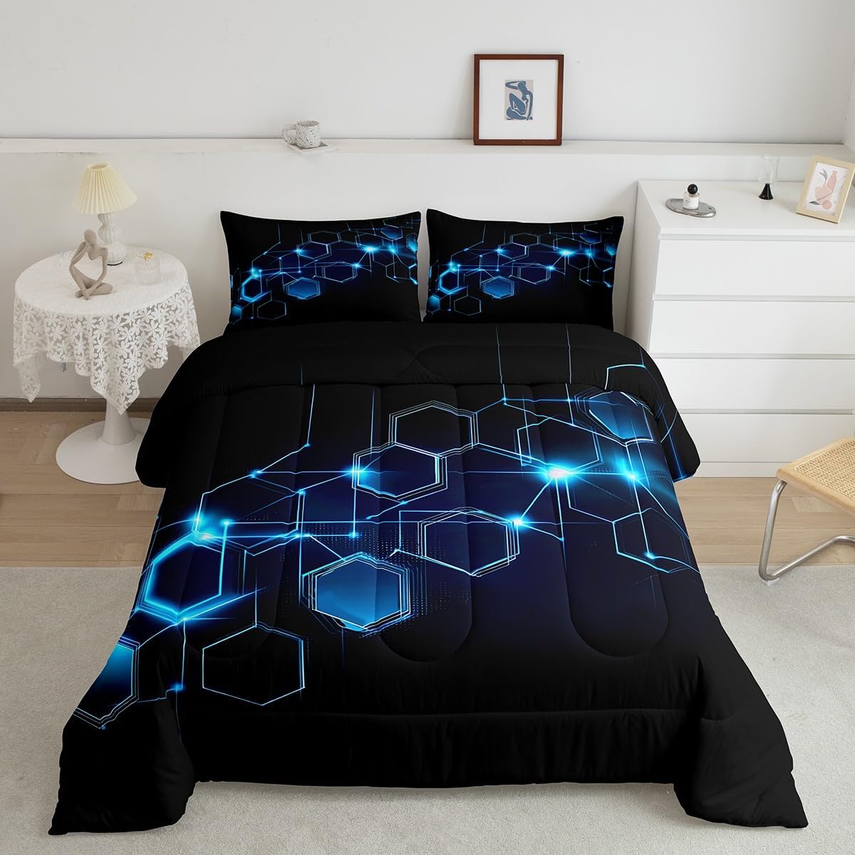71HrtTVeBHL._AC_SL1200_.jpg Feelyou Blue Honeycomb Comforter Set Full Size for Boys, Glitter Goemetric Honeycomb Hexagon Comforter Set Microfiber Lightweight - Image 2