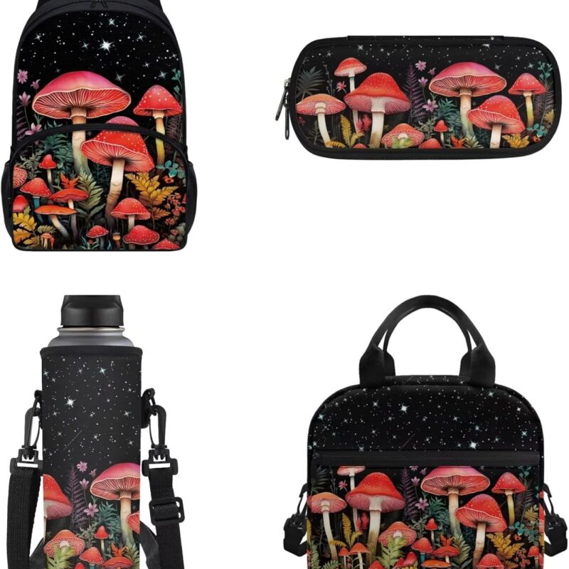 Cottagecore Mushroom Backpack 4 Pcs Cute Wild Flower Mushroom Schoolbag Set with Lunch Box Pencil Holder Case Water Bottle Carrier Bag Sling Bags for Boy Girl，Durable Causal Daypack