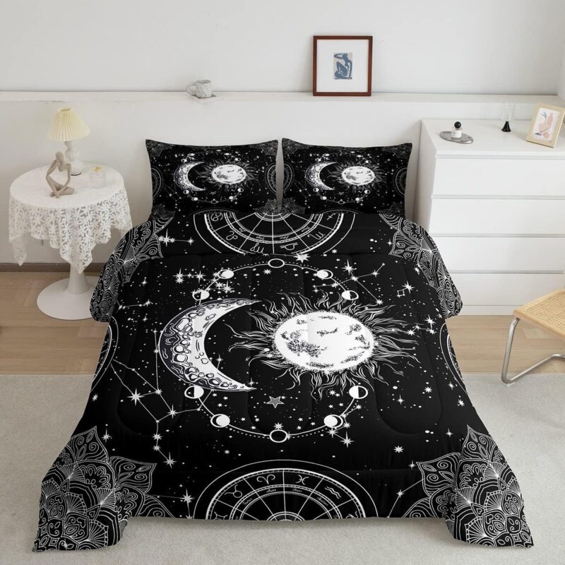 Sun and Moon Bedding Set Constellation Galaxy Comforter for Kids Boys Girls Teens Psychedelic Boho Mandala Comforter Breathable Celestial Duvet Set Black White Room Decor Quilt Cover Full Size