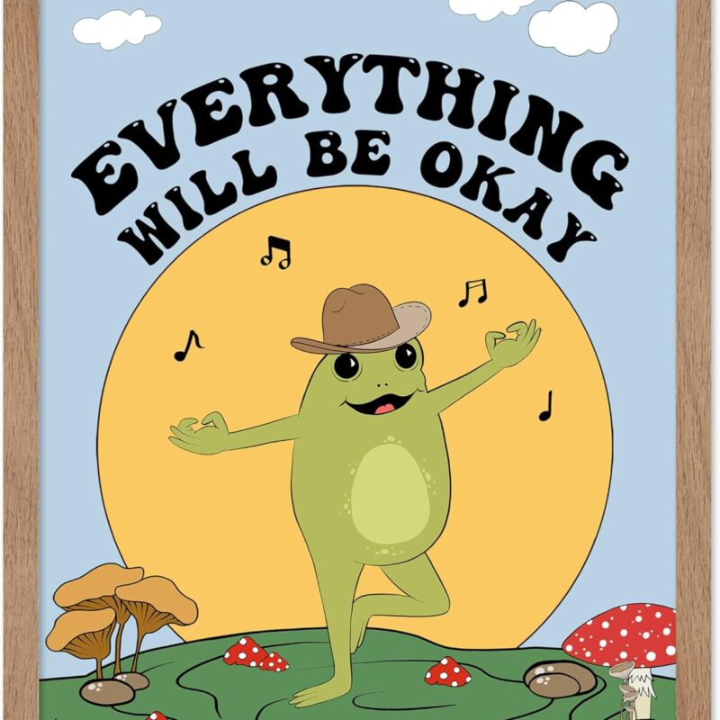 Poster Master Everything Will Be Okay Poster - Retro Dancing Frogs Print - Mushroom Art - Preppy Art - Music Art - Positive Quotes Art - Inspiring Dorm or Living Room Decor, 16x20 Beige Framed
