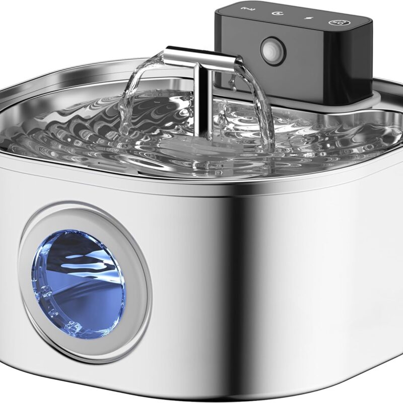 Voluas Stainless Steel Cat Water Fountain: 108oz/3.2L 3-Modes Pet Drinking Fountain Wireless Indoor Cordless Kitty Super-Silent Sensoring Fountain with Dual Water Outlet
