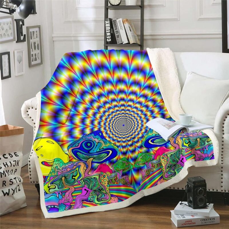 Erosebridal Psychedelic Blanket Yellow Blue Trippy Throw Blanket for Men Adult,Glowing Exotic Mushroom Cool Indie Goth Neon Fleece Blanket Psychedelic Plush Blanket 90"x90",Scary Trippy Room Decor