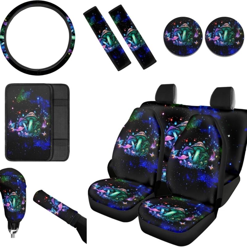 Wanyint Galaxy Mushroom Car Seat Cover Full Set 12 PCS, Car Seat Protective Cover with Steering Wheel Cover Seat Belt Strap Cover Armrest Cover Coaster Handbrake Cover Set Car Accessories Decor