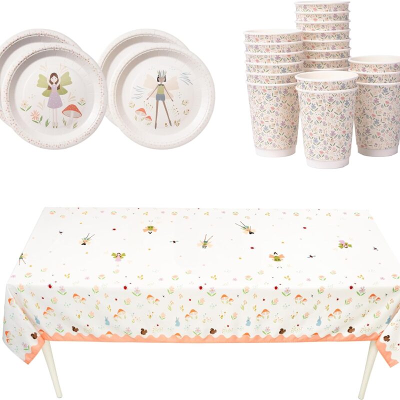 Cheerland Fairy Party Bundle: Tablecloth, Paper Cups, and Plates Fairy and Woodland Creatures Design Birthdays and Baby Showers Tea Party