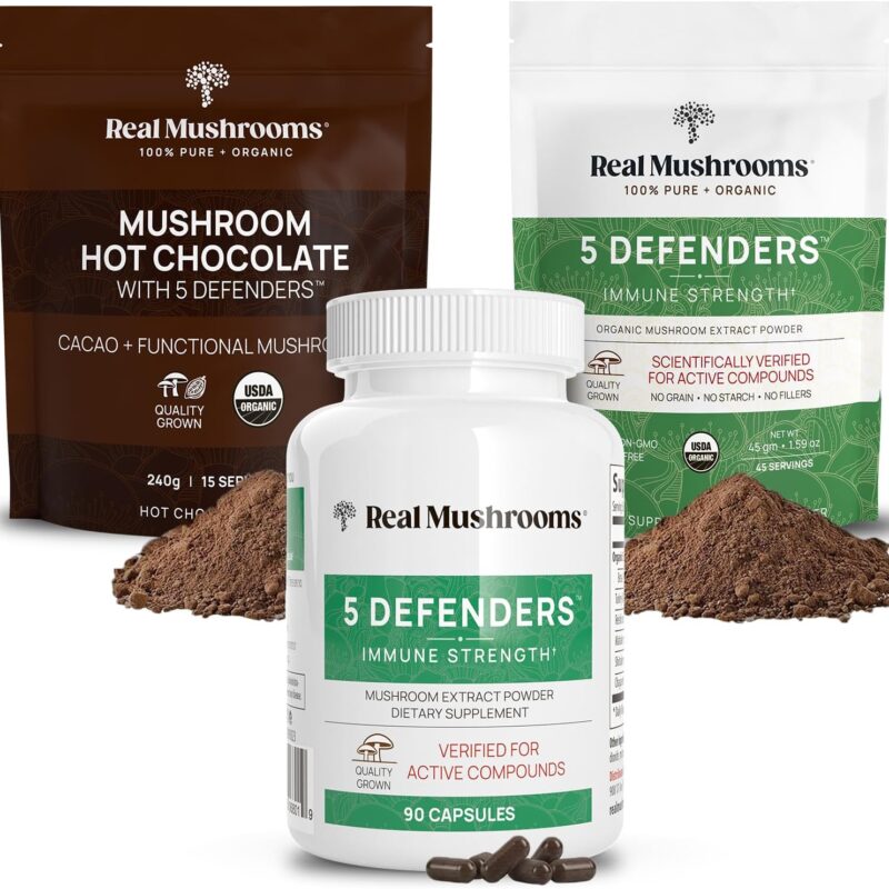 Real Mushrooms Hot Chocolate Mix (15srv), 5 Defenders Extract Powder (45srv), & 5 Defenders Supplements (90ct) Bundle to Support Immunity & Overall Wellbeing - Gluten-Free, Non-GMO, Vegan
