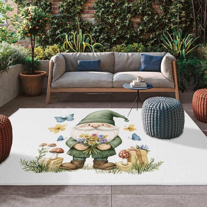Spring Green Gnomes Outdoor Rug, 6x9 Feet Outdoor Plastic Straw Rug, Stainproof Patio Rug, Indoor Outdoor Carpet, Mushroom Gift Botanical Area Rug Outside for Patio, Picnic, Balcony, Deck, Backyard