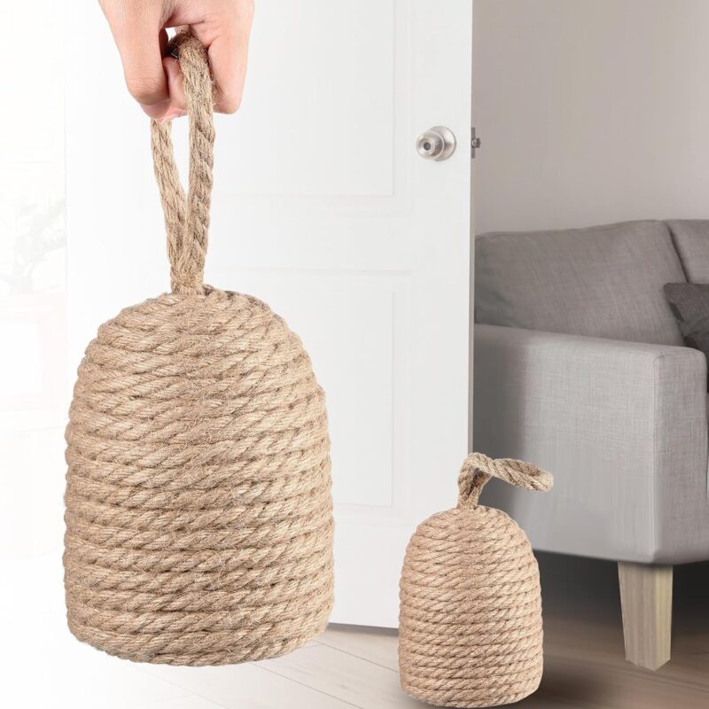 2 Pcs Decorative Door Stoppers Natural 5.4lb Heavy Door Stop with Handle Weighted Doorstop Indoor Farmhouse Jammer Blocker Keeps Open Bookend 4.72 ''d x 11.4''h(2 Pcs,Wicker Jute)