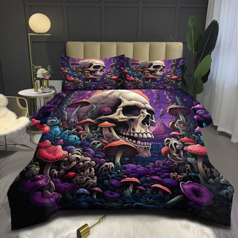Purple Gothic Comforter Set Queen Size Mushroom Sugar Skull Bedding Set Skeleton Wildflower Botanical Plant Aesthetic Comforter for Teen Girls