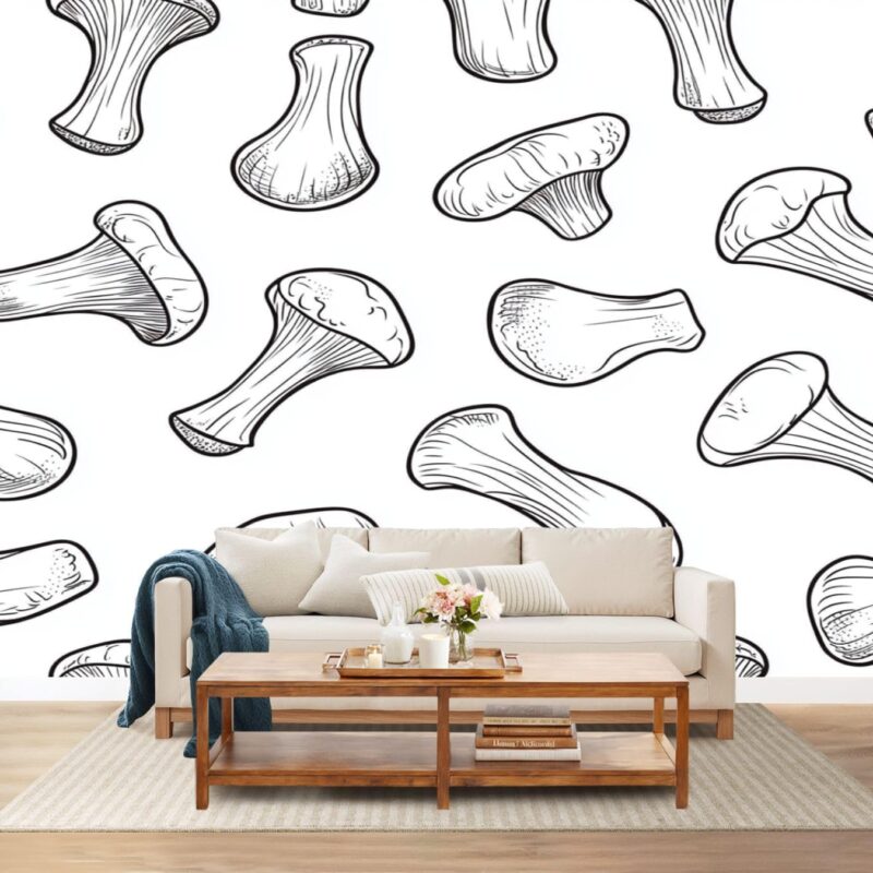 Wall Mural Edible King Trumpet Oyster Mushrooms Seamless Pattern line Art Style Self-Adhesive Peel & Stick Wallpaper Removable Canvas Wall Sticker Decor for Bedroom Living Room Bathroom 100"x144"