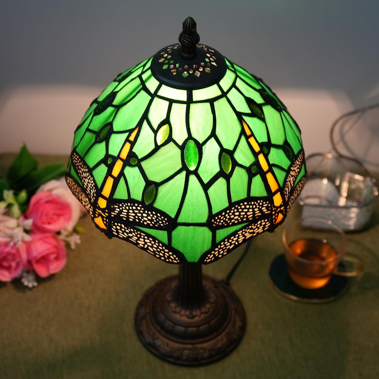 71MHYYG0caL._AC_SL1500_.jpg Tiffany Lamp Green Dragonfly Stained Glass Table Lamp 8X8X14 Inches Green Dragonfly Style Desk Reading Light Decor Beside Bedroom Living Room Home (H1057-Green Dragonfly) - Image 4
