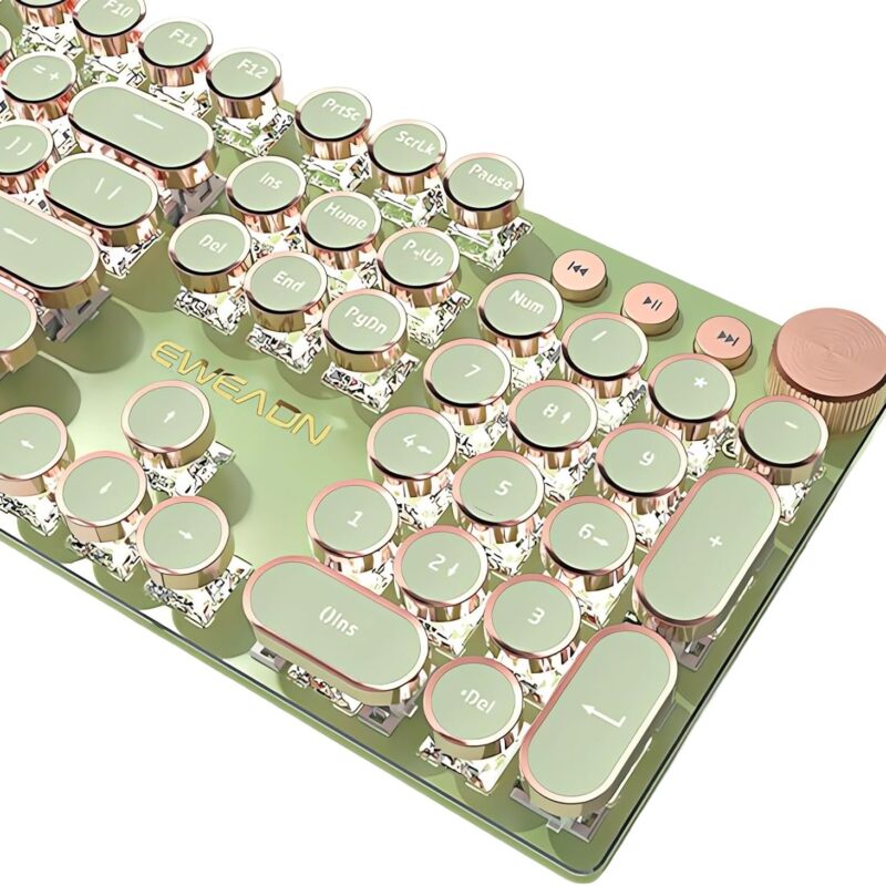 71MQlGkeDJL._AC_SL1500_.jpg Typewriter Style Mechanical Gaming Keyboard White LED Backlit 104-Key NKRO Pink Switches Retro Round Keycaps Golden Ring Volume Knob Metal Panel Wired USB-C Detachable Cable, Matcha Green
