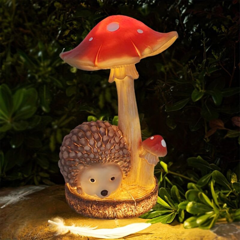 Owl Solar Garden Statue Lights Figurine with LED Lights Outdoor Garden Succulent Ornaments Waterproof Decoration (Red Hedgehog Mushroom)