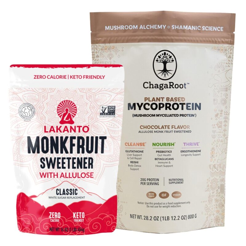 Lakanto Classic Monk Fruit Sweetener with Allulose 1 lb and ChagaRoot MycoProtein Mushroom Protein Powder Chocolate 1.76 lb