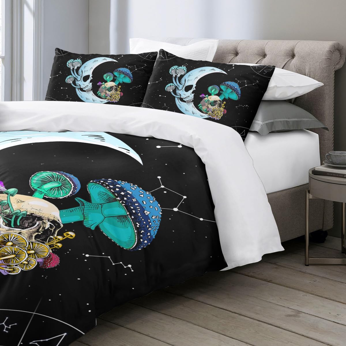 71NipGQKvL._AC_SL1200_.jpg Sleepwish Mushroom Moon and Skull Queen Bedding Blue and Black Space Mushroom Comforter Cover for Kids Boys 3 Piece Trippy Mushroom Duvet Cover Sets (Queen) - Image 3