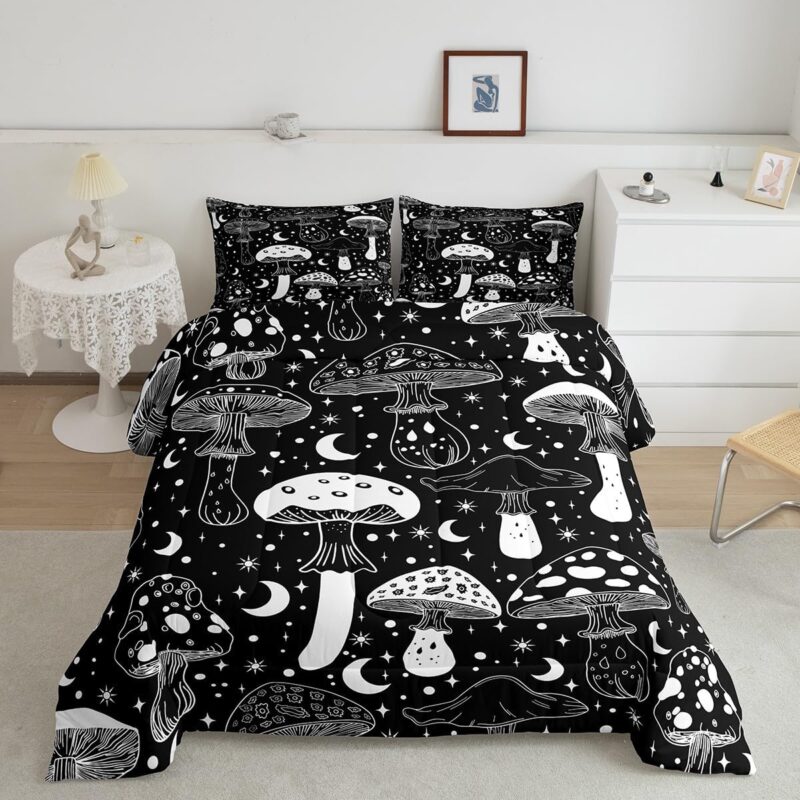 Manfei Mushroom Kids Comforter Set Queen Size,Botanical Plants Rustic Farmhouse Bedding Set,Boys Girls Room Decor,Hand Drawn Sketch Sun Moon Stars Down Comforter,Black Duvet Insert,2 Pillowcases