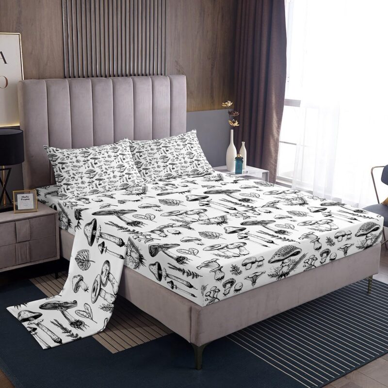 Mushroom Kids Sheet King Size,Abstract Hand Drawn Sketch Rustic Bedding Set,Boys Girls Room Decor,Botanical Plants Weed Flowers Black White Retro Bed Sheet Set 4pcs(Fitted + Flat + 2 Pillowcases)