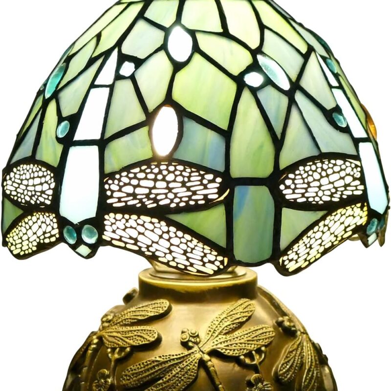 Blue Dragonfly Style Tiffany Table Lamp Small Stained Glass Lamp 8" Wide 12" Tall Tiffany Lamp Mushroom Desk Light for Bedroom Home Office Decor with Color Changing LED Bulb