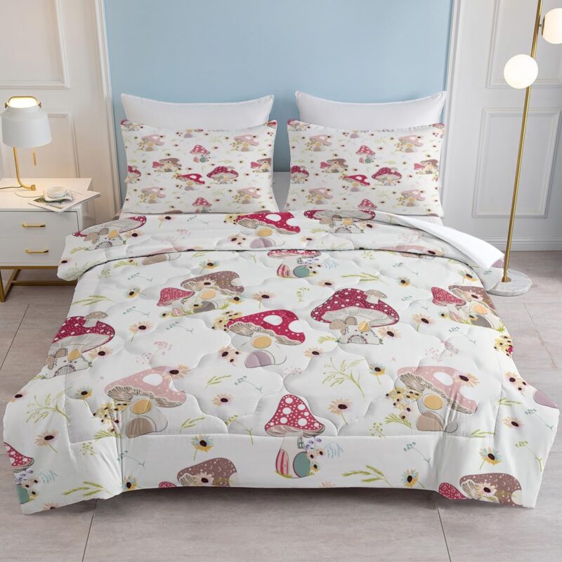 SOULZZZ Cute Red Mushrooms Bedding Set for Girls Women Sunflower Daisy House Mushrooms Comforter Wild Fungus Botanical Leaf Mushroom Comforter Set with 2 Pillowcases