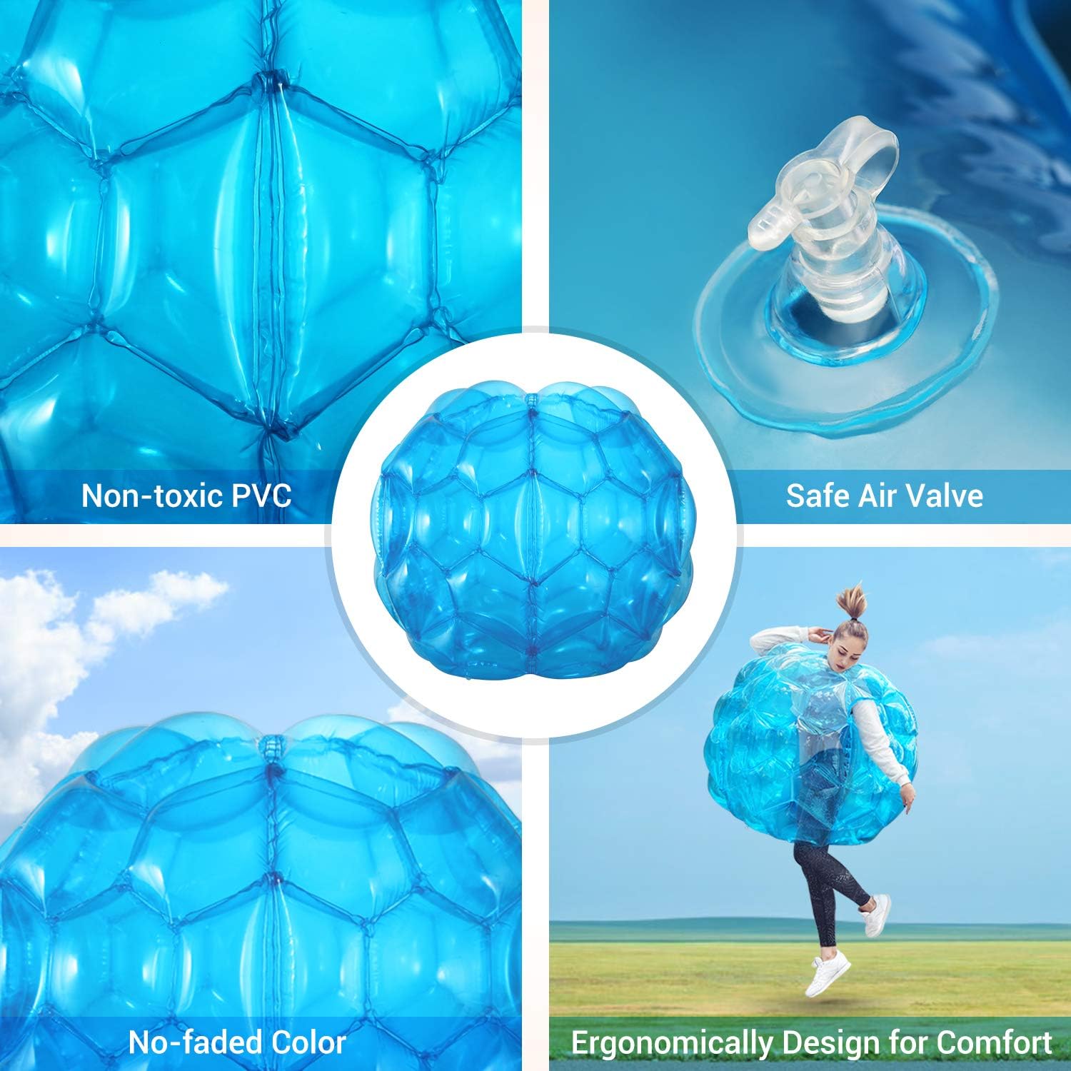 71PWF8RAtuL._AC_SL1500_.jpg 2 Pack Bumper Balls: 36inch Inflatable Sumo Ball - Durable PVC Vinyl Material Body Bubble Soccer - Giant Human Hamster Knocker Body Zorb Ball for Kids and Adults Physical Outdoor Toys, Blue - Image 5