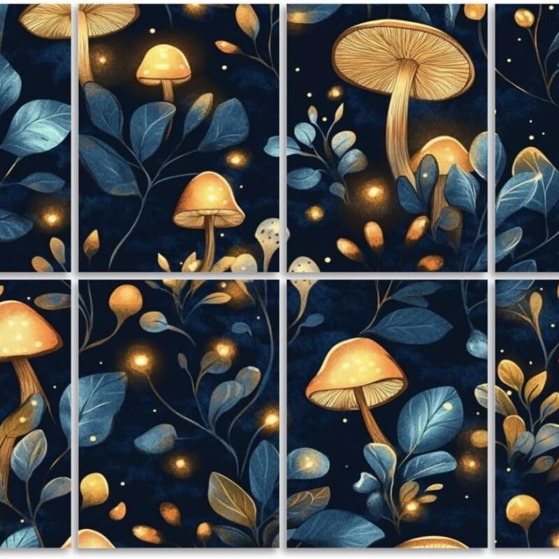 8 Pack Art Acoustic Panels Sound Absorbing Blue Yellow Glittery Mushroom Forest Vintage Mushrooms Leaves Glowing Decorative Soundproof Wall Panels Self Adhesive for Recording Studios Office 48"x32"
